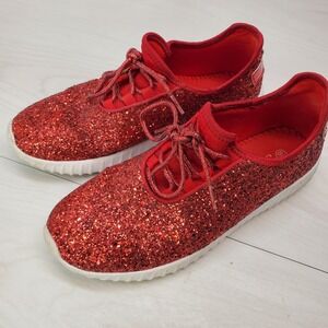 Cherry Red Glitter Low Top Sneakers Sparkle Shoes W 8.5 Coquette Streetwear Glam